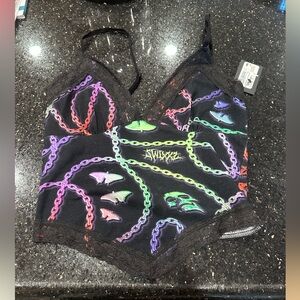 Swixxz XS skull chains butterfly black tank top w pointed front rainbow NWT